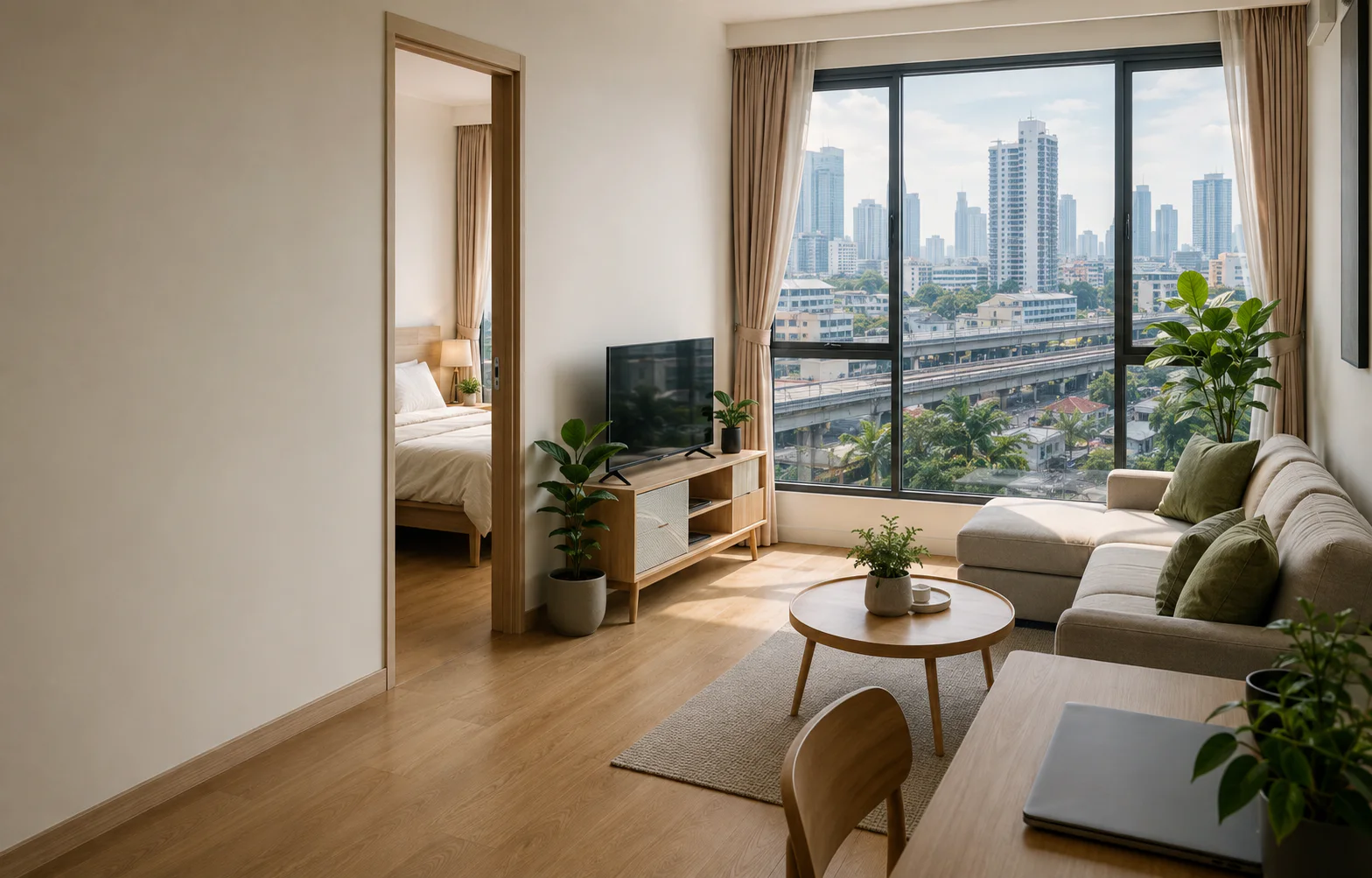 Example of a furnished apartment interior with a Bangkok view